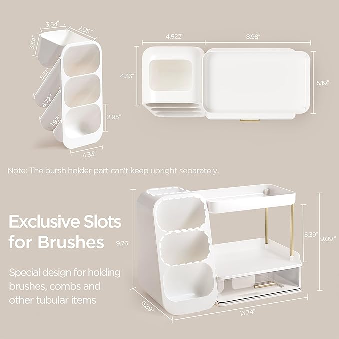 HBlife Bathroom Organizers and Storage with Brush Holder for Vanity, 3 Tier Plastic Makeup Organizer for Dresser Counter, Skincare, Lipstick, Perfume, and Cosmetic Storage