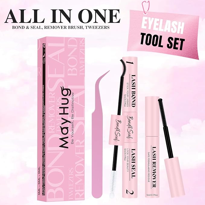 Mayhug Lash Cluster Glue Bond and Seal Kit with Lash Glue Remover and Tweezers Long-Lasting, Waterproof For DIY Eyelash Extension At Home Use Beginners Friendly Kit 4-in-1
