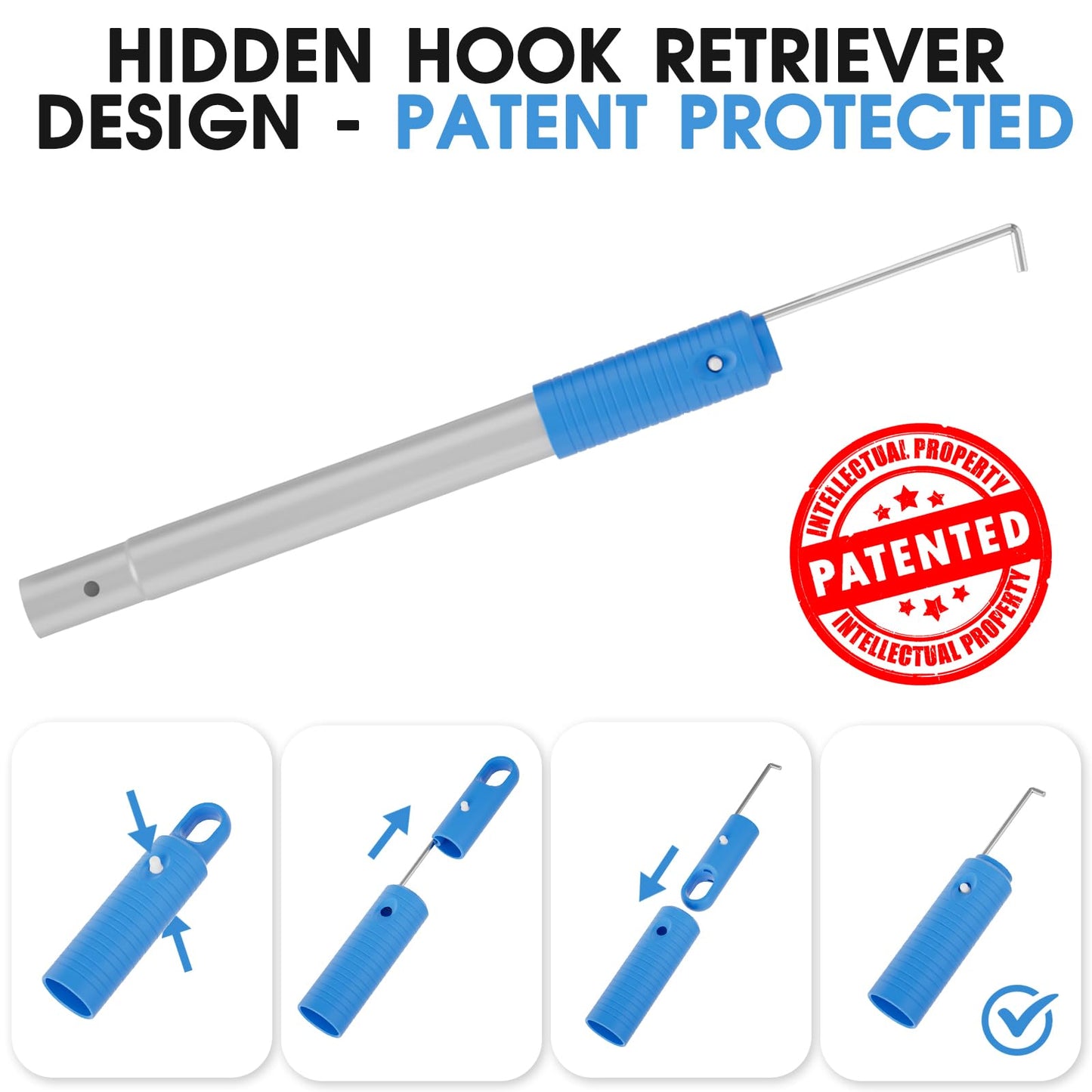 Upgraded Pool Brush Set - 20’’ 2-in-1 Heavy Duty Detachable Round Brush with Extra Side Brush for Cleaning Hard-to-Reach Corners, 9 FT Aluminum Extended Pool Pole with Hidden Hook Retriever