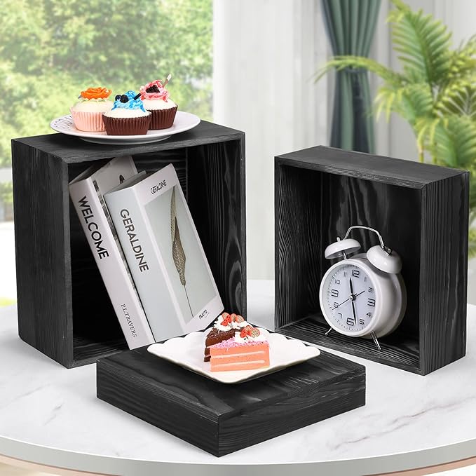 6 Pack Wooden Risers Display Stands Square Food Risers for Buffet Party Rustic Wood Cake & Cupcake Stands Nesting Box Wooden Crates for Display