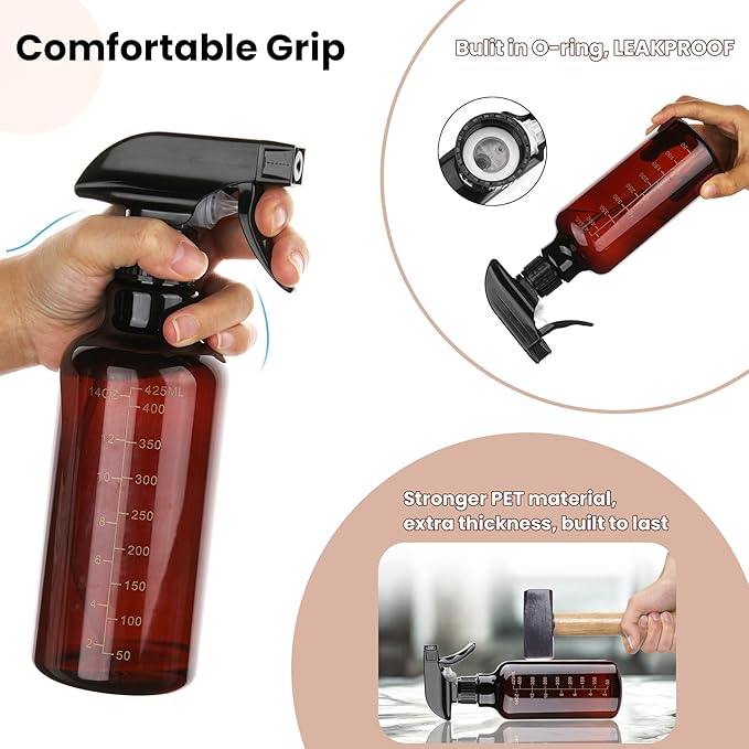 Plastic Spray Bottle 16.9oz Empty Spray Bottles Refillable Container Trigger Sprayer for Cleaning Solutions, Water, Plants, Pet, Essential Oils, Hair, 2 Pack (Amber-scale)