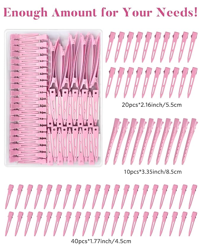 MORGLES 70Pcs No Crease Hair Roller Clips, 3 Sizes Metal Alligator Styling Clips for Sectioning, Professional Hair Styling Tools with 2Pcs Rose Pink Rat Tail Combs for Parting
