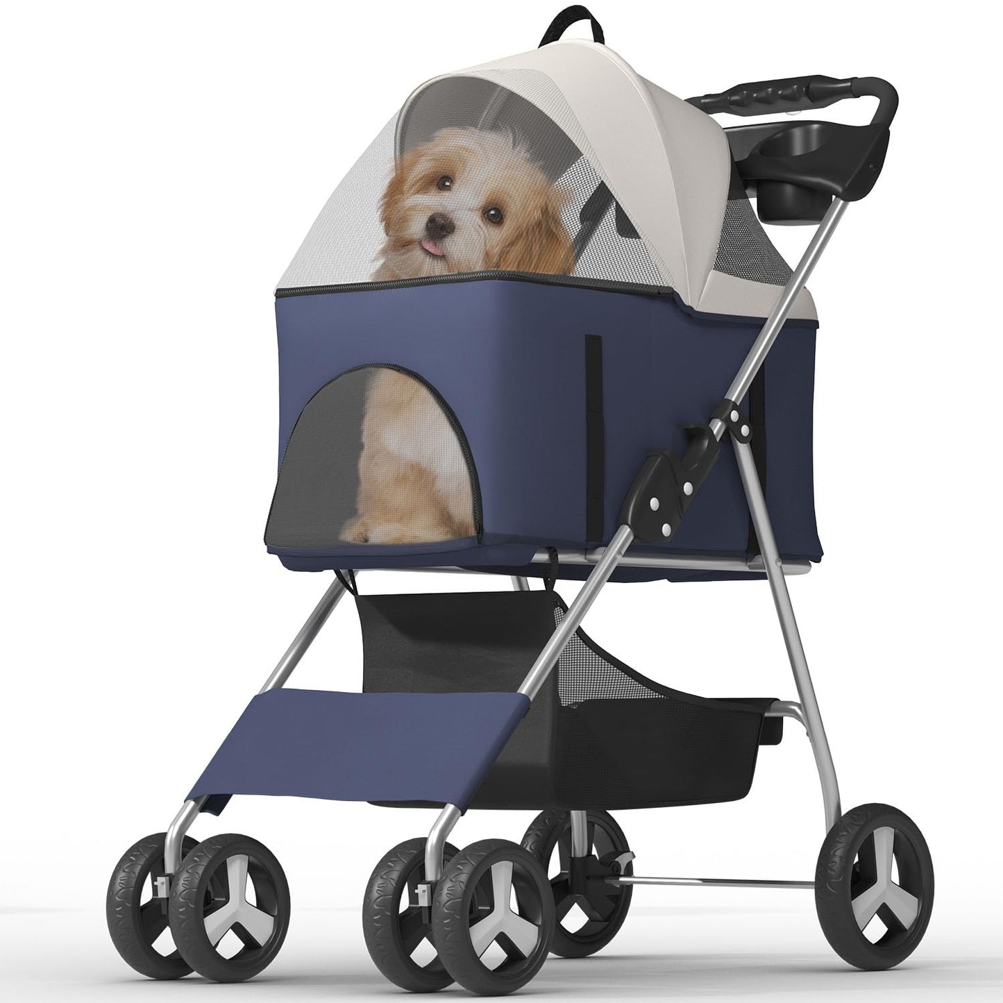 OS MOTOR Pet Stroller with 4 Wheels for Small/Medium Pets,Travel Foldable Detachable Carrier for Dog Cat Cage Jogger Stroller, Rear Wheel Breaks, Storage Basket, Visible Mesh Weather Cover (Navy Blue)