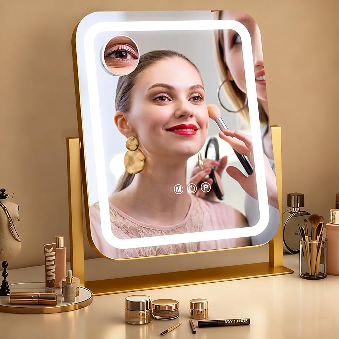 Gold Vanity Mirror with Lights 15"×13", Led Makeup Mirror, Lighted Makeup Mirror with 3 Color Dimmable Lights, Smart Touch Screen Control, 360°Rotation