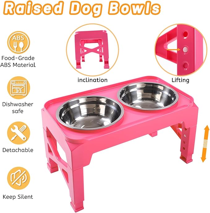 Hubulk Elevated Dog Bowls with 2 Stainless Steel Dog Food & Water Raised Bowls with No Spill Edge Non-Slip Stand Adjusts to 3 Heights(2.75", 6.0", 7.5") for Small Medium Dogs and Pet