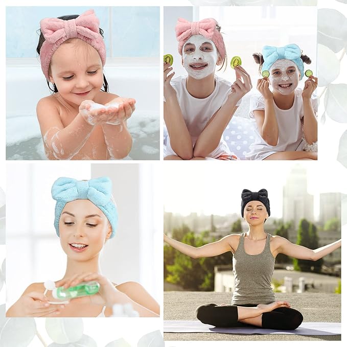 3 Pieces Towel Headbands for Women Makeup Headband for Washing Face Makeup Spa, Microfiber Bowtie Shower Hairband for Women (Pink, Blue, Black)
