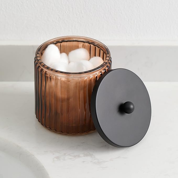 KMwares 2-Pack Glass Qtip Holder Dispenser Set for Cotton Ball, Swab, Round Pads, Floss Picks with Matte Black Metal lid - Bathroom Canister Storage Organization and Vanity Makeup Organizer (Brown)