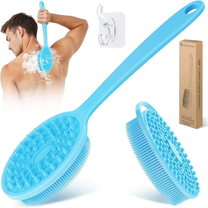 Silicone Back & Body Scrubber Set 2PCS, 13.4'' Gentle Exfoliating Back Scrubber with Dual-Side Head and Non-Slip Handle, Hygienic Silicone Loofah with Soft Bristles and Massage Dots(Blue-2PC)