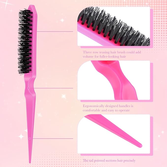 Yaomiao 6 Pcs Teasing Brush for Fine Hair Nylon Rat Tail Brush Set Women Three Row Salon Teasing Set for Back Combing, Root Hair Scalp Massage(Pink)
