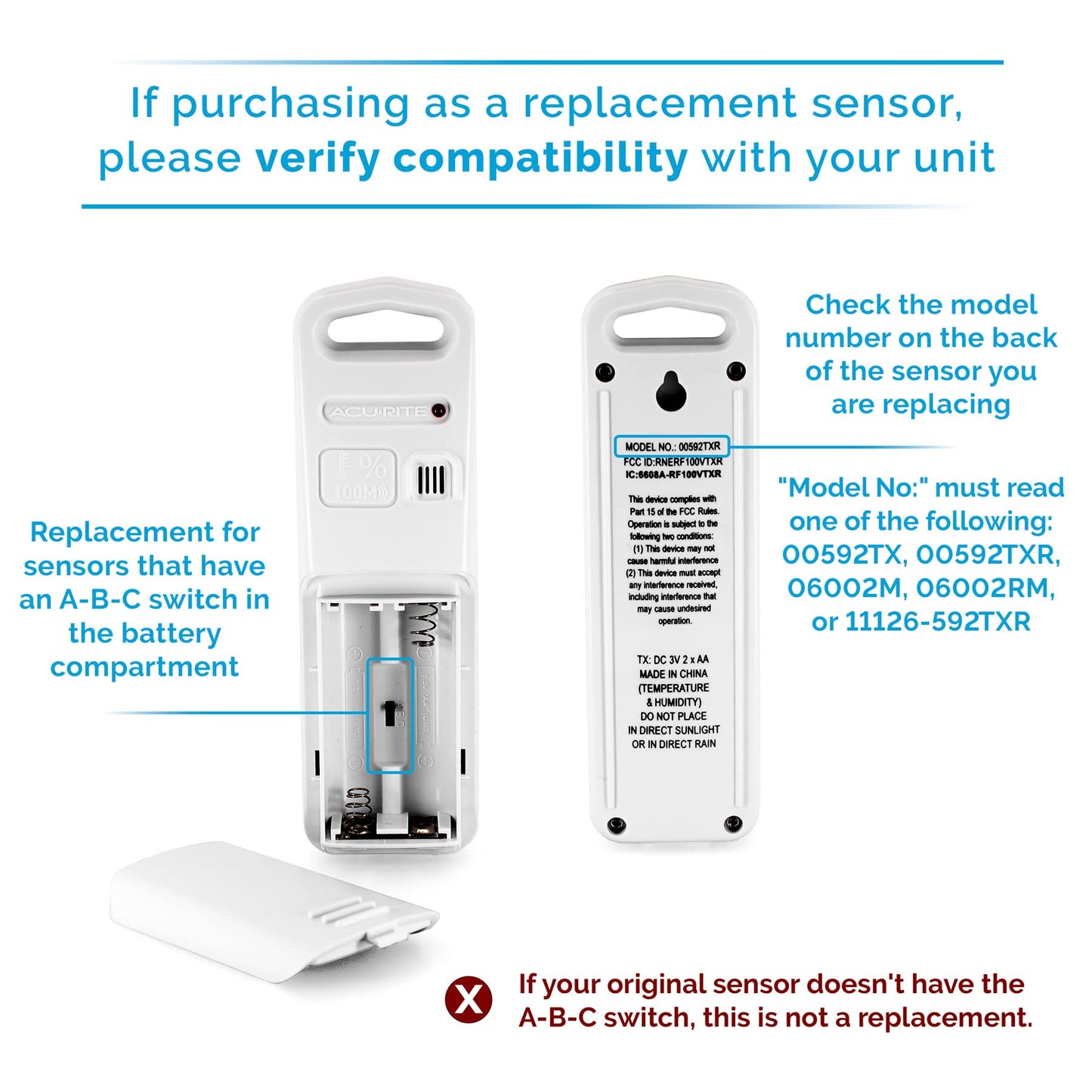 AcuRite Wireless Indoor Outdoor Temperature and Humidity Sensor with A-B-C Switch (06002M / 592TXR)