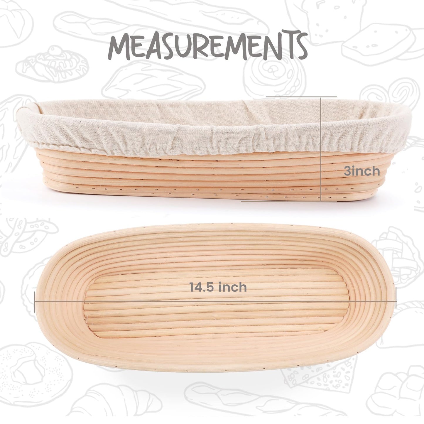 DOYOLLA 14.5inch Oval Bread Dough Proofing Rising Rattan Basket & Liner Combo for Professional & Home Baking (2 basket & 2 liner)