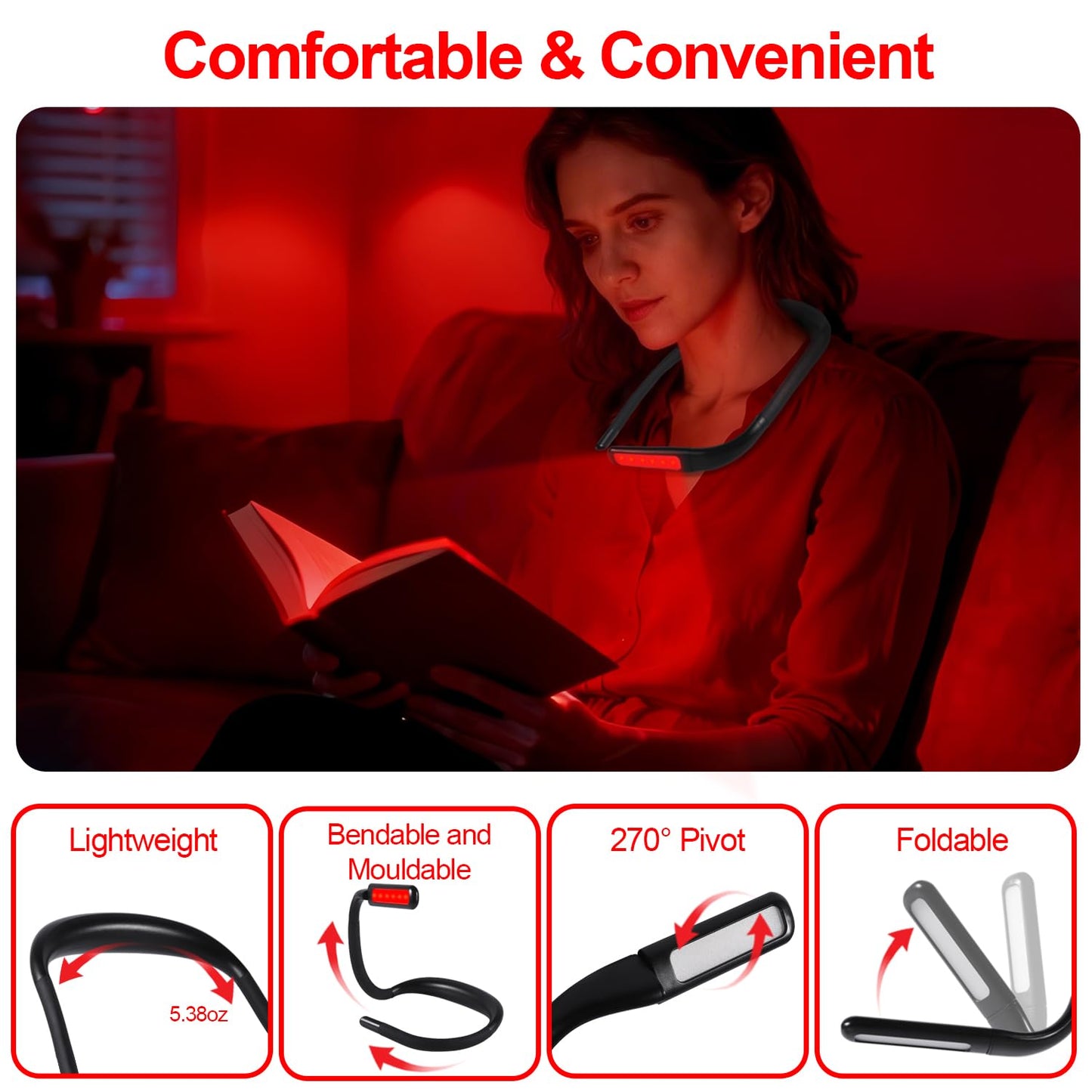 Finezeal 630nm Red Neck Reading Light - Zero Blue Light, Rechargeable Dimmable Portable LED Red Neck Book Lamp for Reading, Crafts, Knitting, Crochet at Night, Ideal Gift for Readers and Craft Lovers