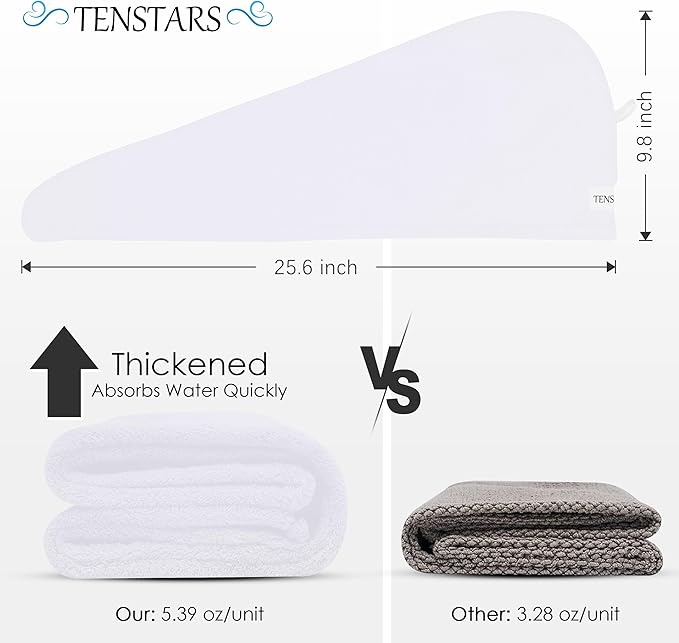 TENSTARS 5 Pack Thicken Microfiber Hair Towel Wrap for Women - Elastic Loop Design - 320GSM Coral Velvet - Quick Dry Hair Turban - 11x28 Inch (White)