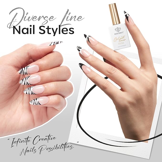 modelones Black French Tip Liner Gel Polish, 15 ML All Black Classic Color Nail Art Paint Swirl with Upgraded Fine Line Brush Soak Off U V DIY Home Salon Professional Manicure Design Gift for Women