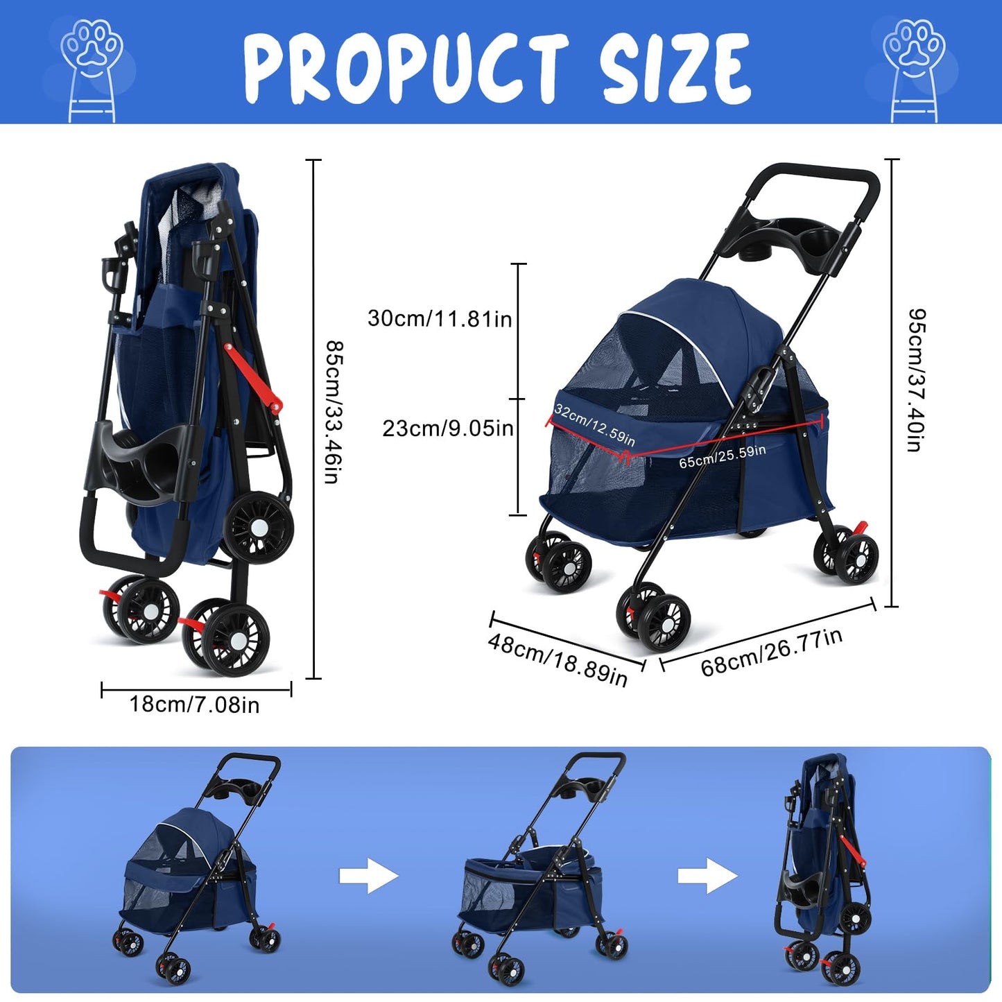 sxvbdway 4 Wheels Pet Stroller for Medium Small Dog up to 50lbs, Dog Cat Stroller, Outdoor Travel Pet Folding Strollers, Cat Cage Strollers with Cup Holder, Breathable and Visible Mesh (1 Set-Blue)