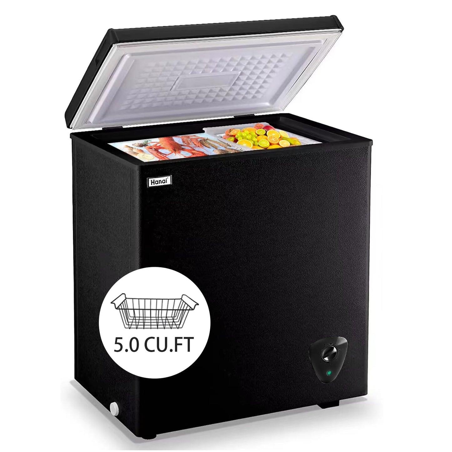 Chest Freezer 5.0 Cu.Ft Small Deep Freezer Black Top Door Mini Freezer with Removable Basket, Low Noise, 7 Adjustable Temperature and Energy Saving Perfect for Home Garage Basement Dorm or Apartment