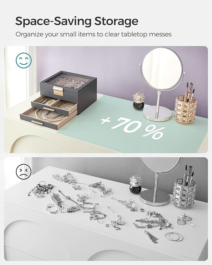 SONGMICS GISELLA Collection - Jewelry Box Organizer, 3-Layer Jewelry Storage with 2 Drawers, Shiny Metal Hardware, Glass Lid, Modern, 8 x 9.1 x 5.3 Inches, Gray and Gold Color UJBC239G02