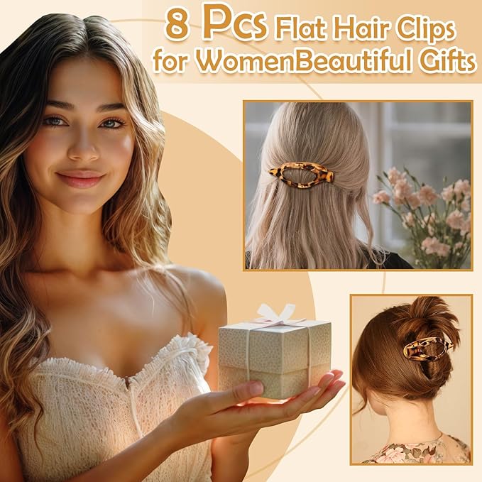 8 Pcs Large Flat Claw Clips for Women, 2 Styles French Flat Hair Clips for Women, Strong Hold Hair Claw Clips for Thick Thin Hair (Black White)