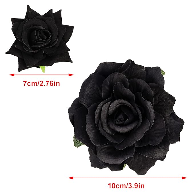 Rose Hair Clip Flower Hairpin Brooch Floral Clips, 4 Pcs Fabric Rose Flowers Hair Clips Mexican Hair Flowers Pin up Headpieces for Woman Girl Wedding Party Mother's Day (Black)