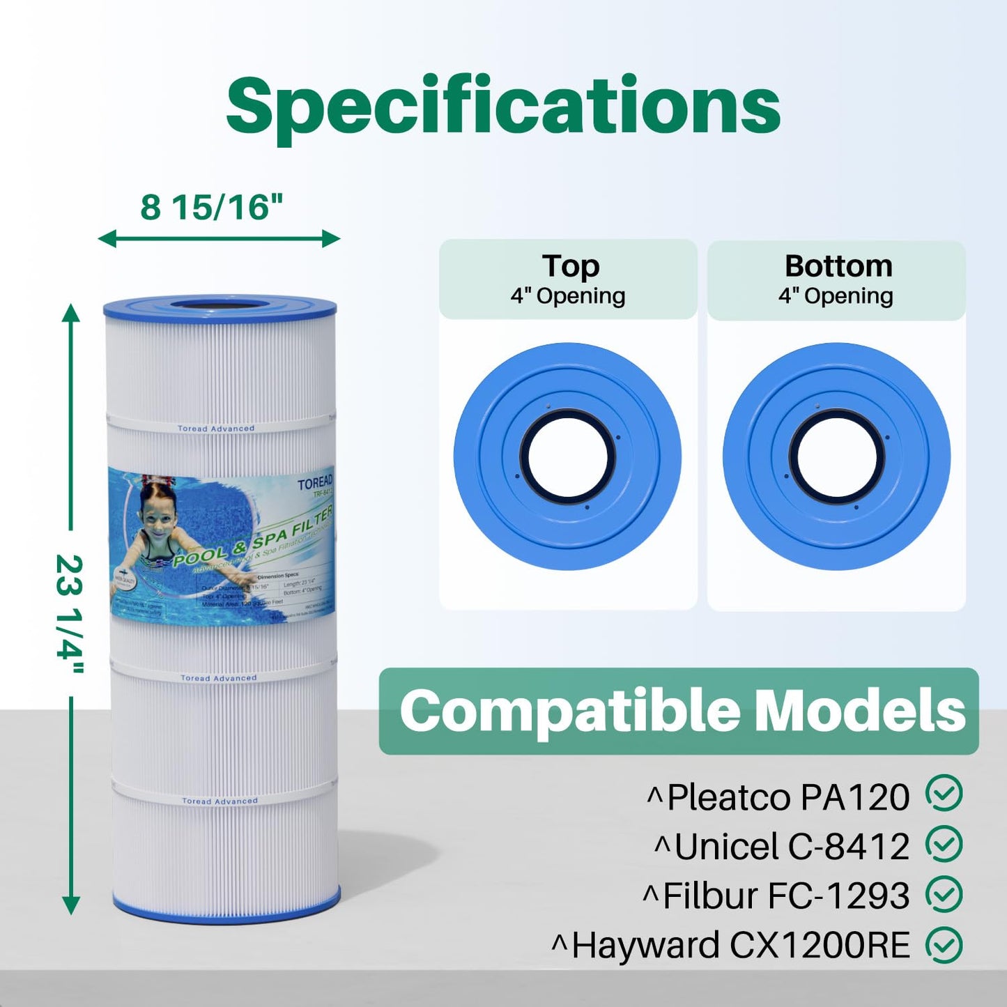 TOREAD PA120 Pool Filter Replacement for Ultra-B2, CX1200RE, C1200, Unicel C-8412, Filbur FC-1293, HAY823C, Waterway Clearwater II, Pro Clean 125, 817-0125N, Aladdin 22002, L x OD:23 1/4"x 8 15/16"