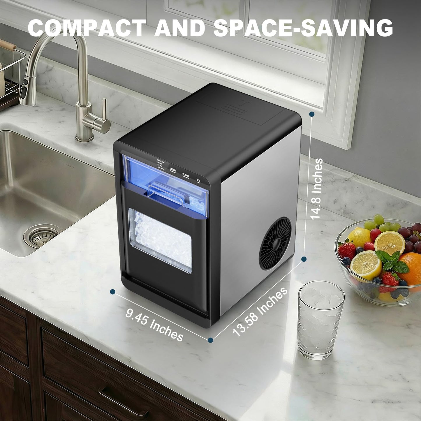 Nugget Ice Maker Countertop, 44lbs/24h Nugget Ice Machine, Soft Ice Ready in 5-10Mins Pellet Ice Maker, Self-Cleaning Sonic Ice Maker for Home, Kitchen, Office, Party