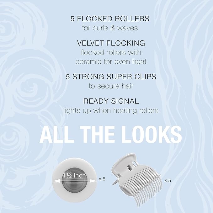 Conair Double Ceramic Hot Rollers for Long,Medium & Short Hair,5 Ceramic Flocked 1½-Inch Heated Hair Rollers with Clips,Hot Curlers for Women,Volume & Curls,Dual Voltage,Pink/White,(Pack of 6)