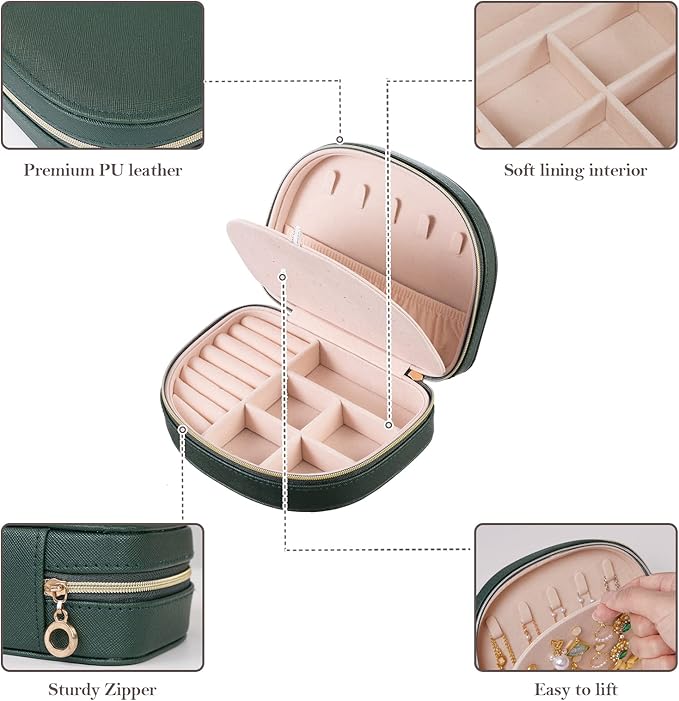 ProCase Travel Size Jewelry Box, Medium Portable Seashell-Shaped Jewelry Case, 2 Layer Jewelry Organizer in PU Leather for Women -Emerald