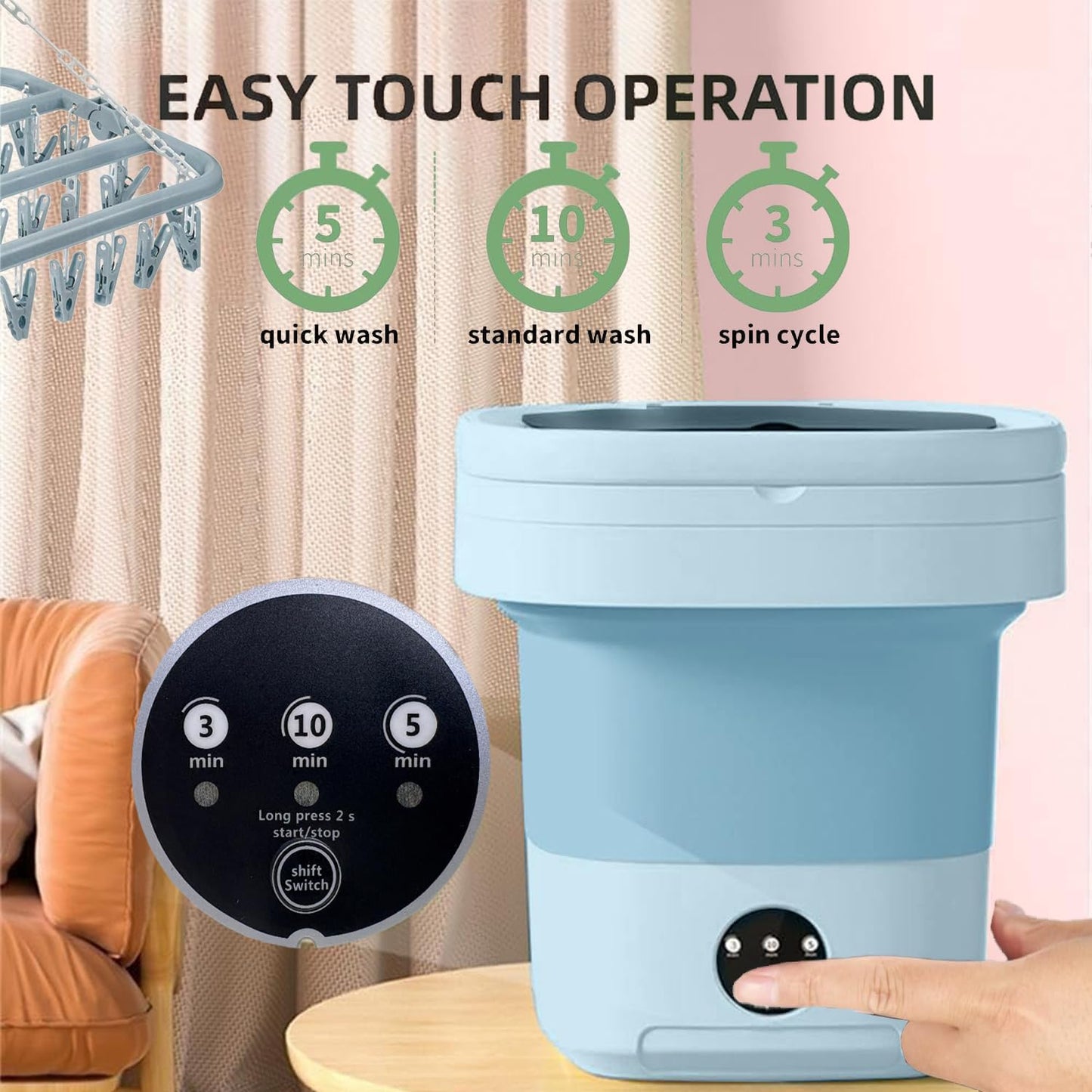 Portable Washing Machine 16L Foldable Mini Washer with Spin Basket, Drying Rack&Drainage Pipe – Compact Collapsible Laundry Set for Small Clothes, Space-Saving Washer for Apartments, Dorms, Travel&RV