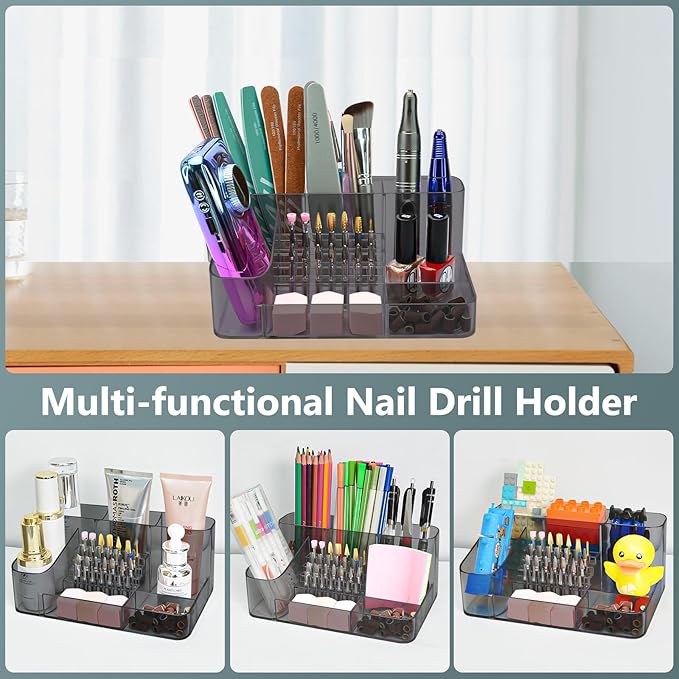 CGBE Nail Drill Machine & Nail Drill Holder, 28 Holes Acrylic Drill Bit Holder for Nails, Professional Nail Organizer and Storage Box Case (Not Including Nail Drill Machine & Bit) - Gray