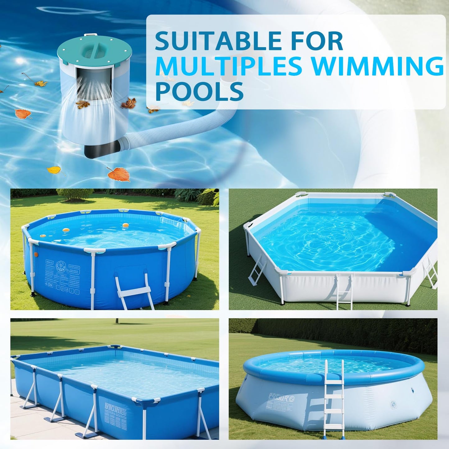 JJ JIANJIN Above Ground Pool Skimmer,No Installation Required, no Adjustable Bracket Required,Comes with 10 Filter Socks, Special Note: The Pool Pump Flow Rate Must not Exceed 2100 GPH(Turquoise)
