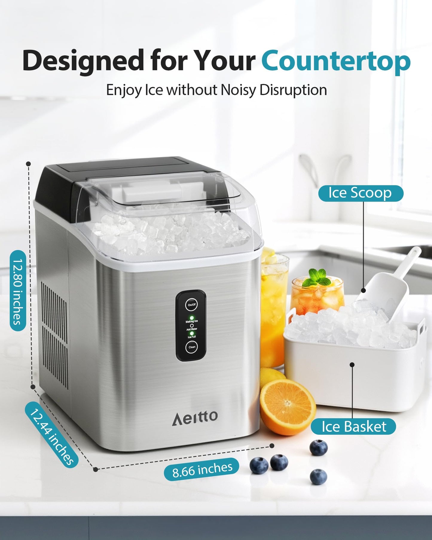 Aeitto Nugget Ice Maker Countertop, 42lbs/24H Ice Machine with 1.5L Water Tank, Rapid Ice Release in 6 Mins, Self-Cleaning Pebble Ice Maker with Basket and Scoop for Home Office RV and Party, Silver