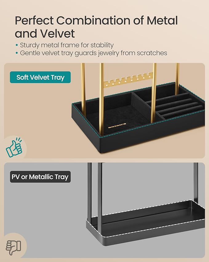 SONGMICS Jewelry Holder, Jewelry Organizer Display Stand with Metal Frame, Velvet Tray, Necklace Earring Bracelet Holder, for Studs, Rings, Gift Idea, Pale Gold and Ink Black UJJS021AB02