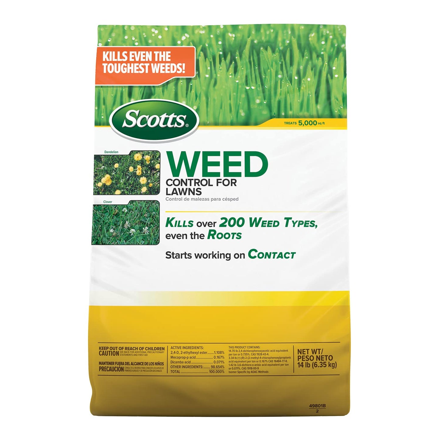 Scotts Weed Control for Lawns, Weed Killer, Kills Over 200 Weed Types Including Dandelion and Clover, 5,000 sq. ft, 14 lbs, Yellow