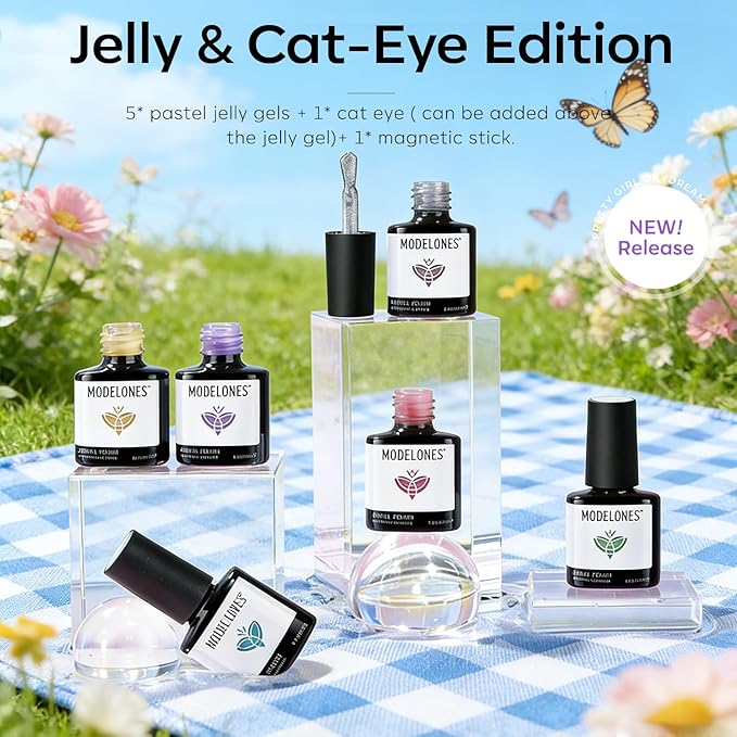 modelones Gel Nail Polish Set, 6 Colors 2026 Spring Summer Silver Cat Eye Gel Polish Translucent Pastel Sheer Pink Yellow Lavender Purple Baby Blue Mint Green Jelly Nail Polish W Magnet LED DIY Gift
