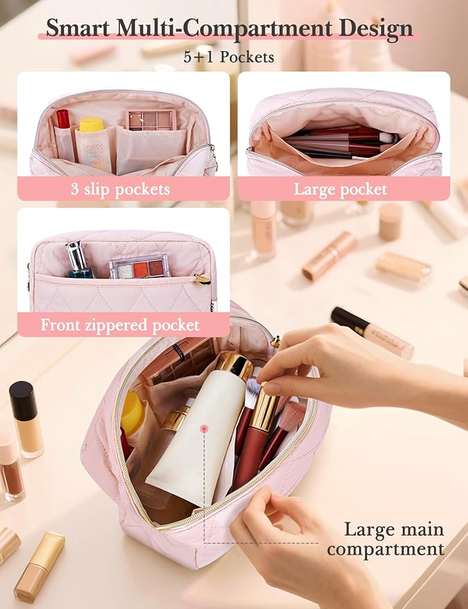 Noozion Makeup Bag Travel Toiletry Bag, Puffy Padded Cosmetic Bag for Women, Makeup Organizer Case, Wide-open Pouch Purse, Travel Essentials