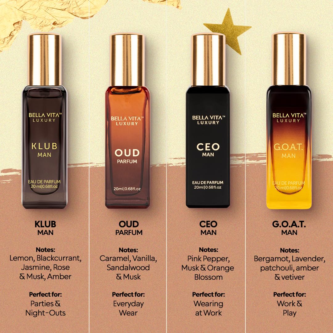 Bellavita Luxury Men's Perfume Gift Set with CEO Man, G.O.A.T., Klub, and Oud | 80ml | Perfume for Men | Lavender, Patchouli, Lemon, and Caramel Notes | Long Lasting Men's Fragrance