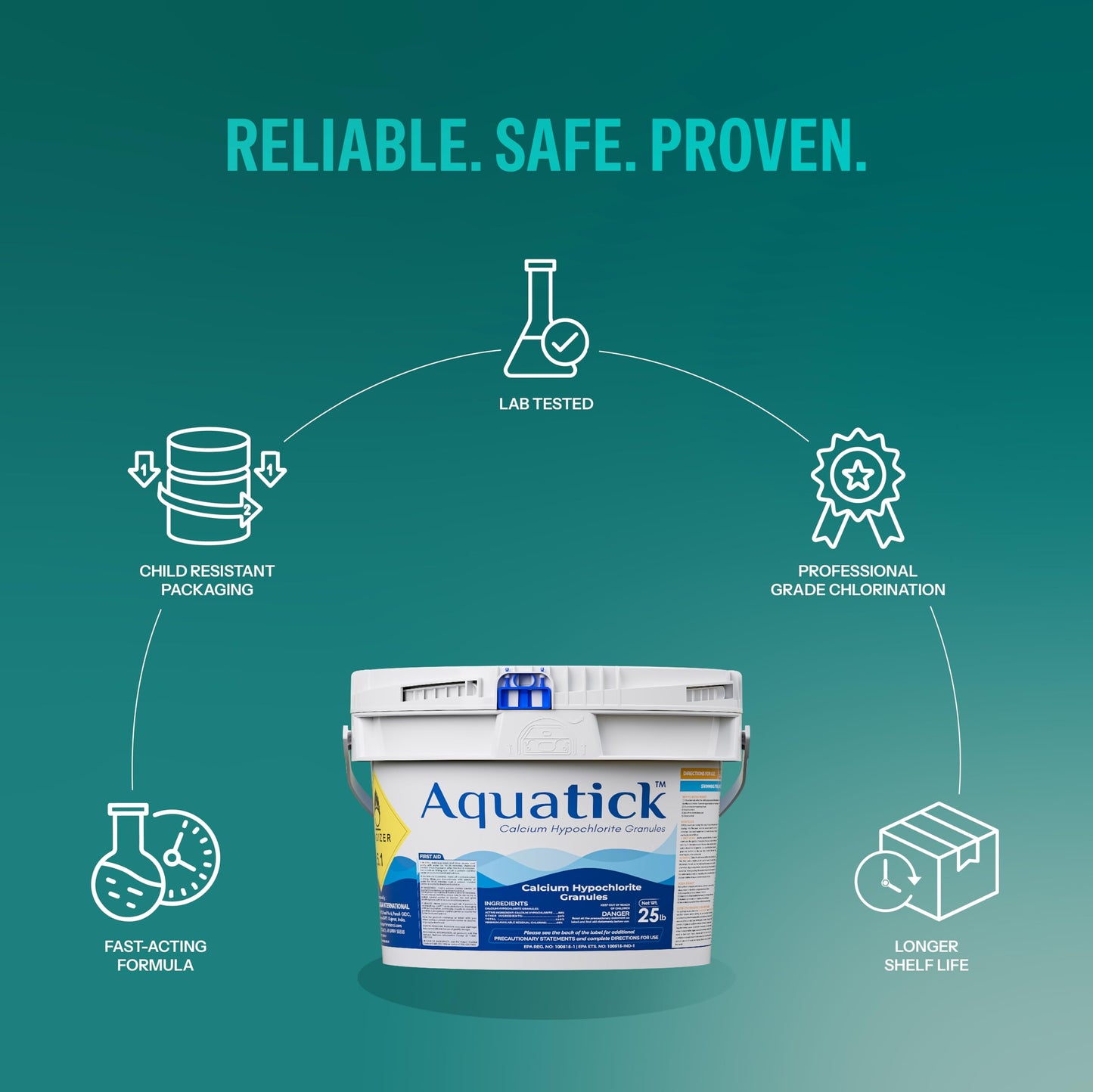 AquaTick 68% Calcium Hypochlorite Pool Shock for Swimming Pools – Chlorine Granules 25 lbs Bucket – Pool Chlorine for Inground and Above Ground Pool Treatment – Non-Stabilized Shock Treatment