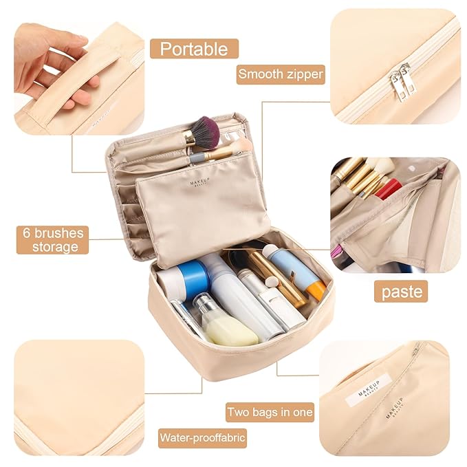 Travel Makeup Bag Cosmetic Bag Makeup Bag Toiletry bag for women and men (Beige)