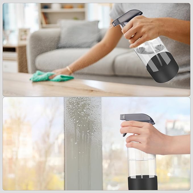 Worldgsb 2 Pack Glass Spray Bottles with Silicone Sleeve, 16 oz Empty Refillable Containers with Adjustable Spray Nozzles, Spray Bottles for Hair, Cleaning Solutions and Plants Black&Grey