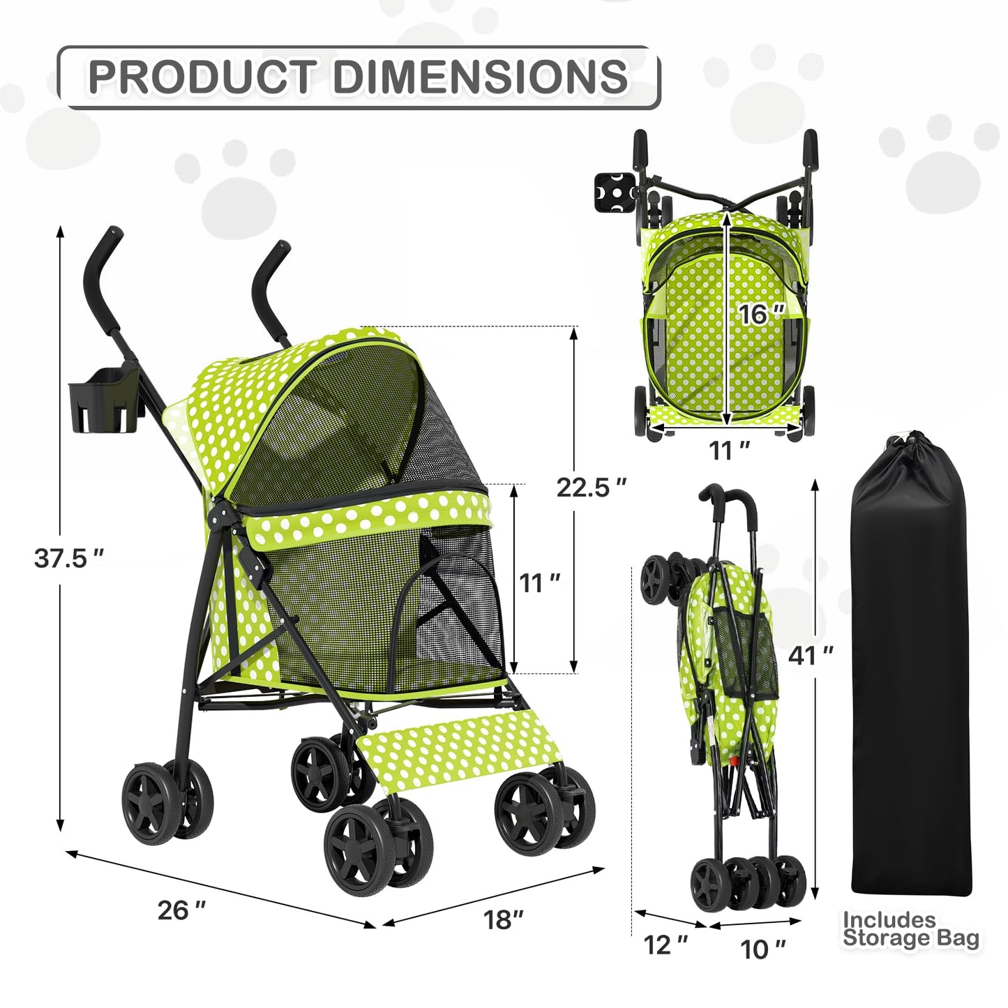 MoNiBloom 4 Wheels Pet Stroller, Easy-Fold Umbrella Shaped Dog Cat Jogger Stroller w/Storage Bag & Visible Mesh for Small/Medium Dogs Cats Lawn Green Polka Dots