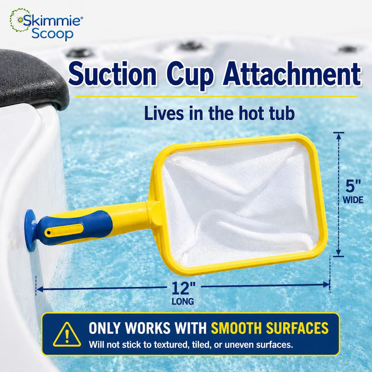 The Skimmie Scoop - Patented Handheld Skimmer with Fine Mesh Net for Spa, Hot Tub, Cold Plunge and Small Pool Cleaning - Lightweight and Durable with Powerful Suction Cup - Clean Out Filter (Yellow)