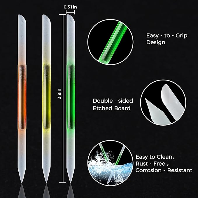 JERCLITY 3 Pieces Double-Ended Glass Nail Files Cuticle Pusher Cuticle Stick Set Nano-Frosted Nail Polished Crystal Glass Rod Manicure Pedicure Pusher Tools(Orange/Yellow/Green)