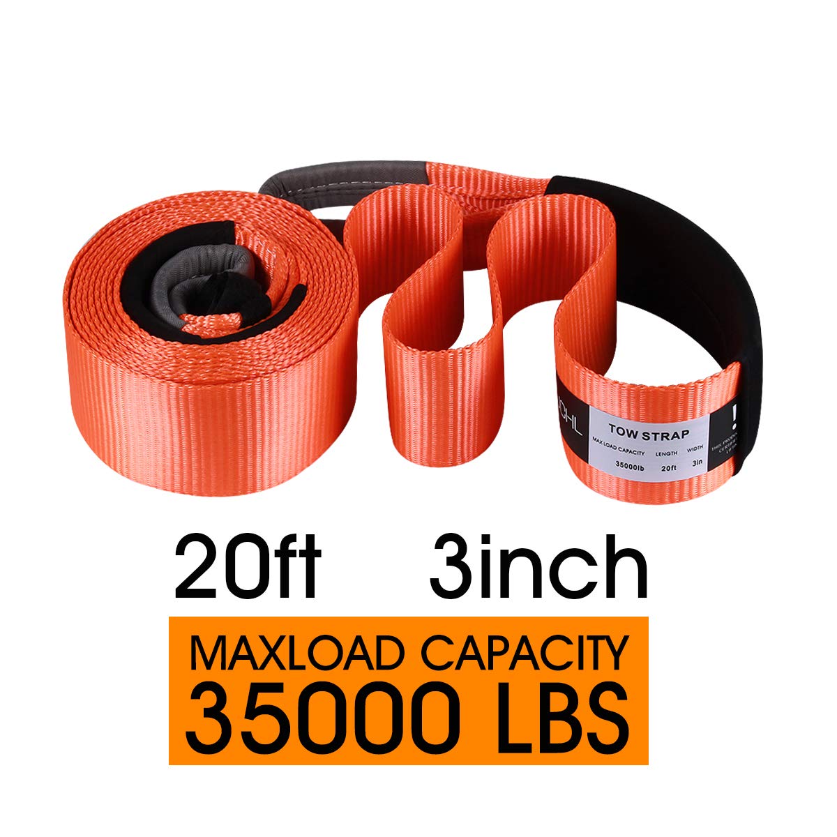 JCHL Recovery Tow Strap Heavy Duty Polyester Recovery Strap 3" x20ft 35000LBS (18TON) Rated Capacity Off Road Towing Rope, Reinforced Loops, Protective Sleeves, Storage Bag Emergency Towing Rope
