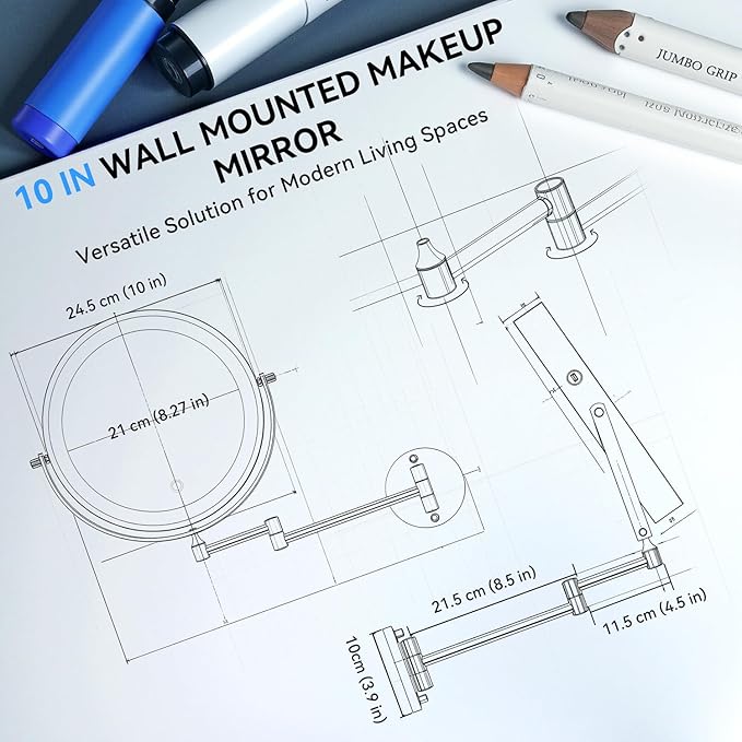10'' 30X/1X Wall Mounted Lighted Makeup Mirror, 5000mAh Rechargeable Double-Sided Magnifying Mirror with Light, LED Vanity Mirror Touch Dimmable 3 Colors 360° Rotation Extended Foldable Arm, Black