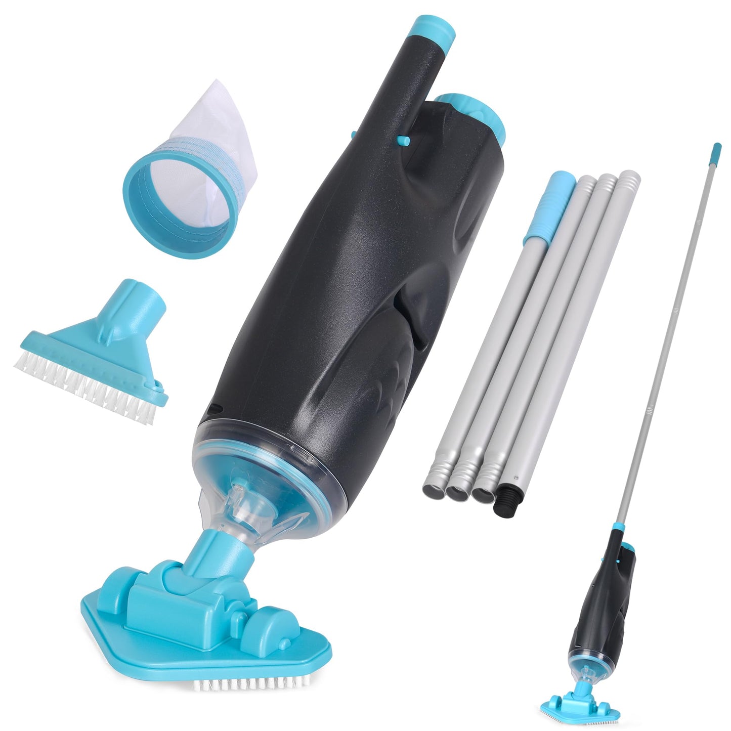 Rechargeable Handheld Pool Vacuum Set with Adjustable Pole and 2 Interchangeable Brush Heads, Ideal for Above-Ground Pools, Hot Tubs, Spas, and Small Pools up to 20ft – Cordless Spot Cleaner(Blue)