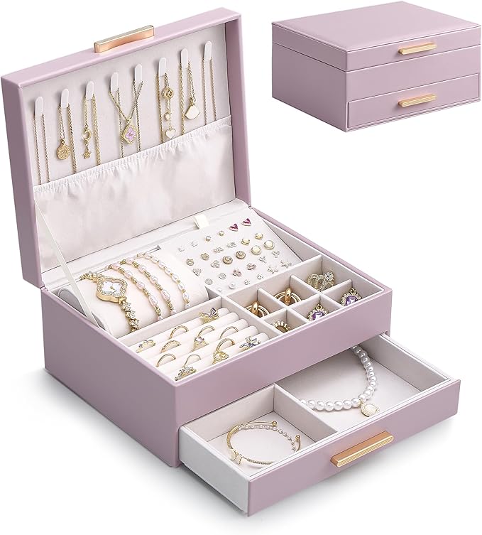 Lolalet 2-Layer Jewelry Box Organizer for Women Girls, Jewelry Storage Case Holder with Drawers for Necklaces Ring Earrings Bracelet Watch, Gifts for Galentines Valentines Girlfriend Wife -Purple