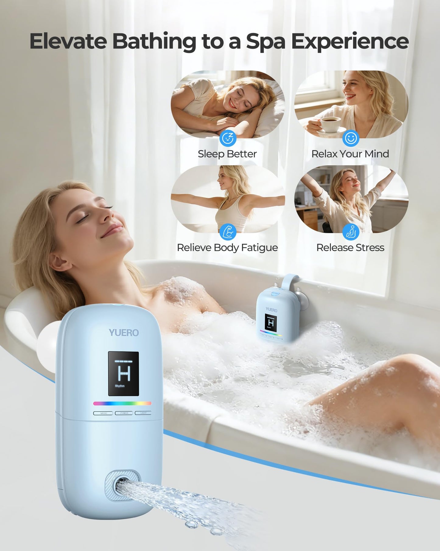 YUERO Bath Jets for Tub, Bath Jet or Bubble Mode, Cordless Waterproof Portable Bathtub Accessories with 3-Level Adjustable Speed, Bathtub Jets Massage for Home Spa, Travel Massage, Relaxing, Soothing