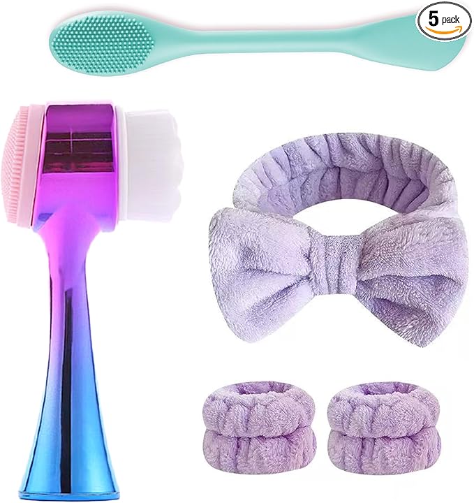 Facial Cleansing Brush 2 in 1Double-Sided Facial Cleaning Brush with Soft Bristles for Deep Pore Exfoliation, Wash Makeup, Massaging (Blue&Purple5PCS)