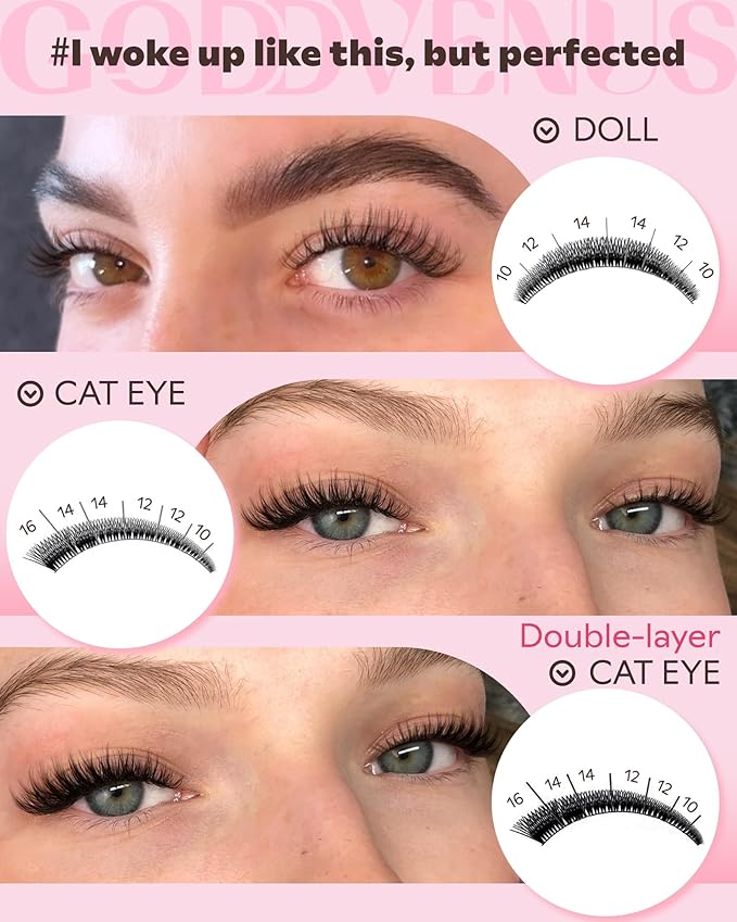 Goddvenus Lash Clusters Kit Wispy Cluster Eyelash Extensions Kit Natural DIY Lash Extension Kit 10-16mm Eyelashes Clusters 180pcs C Curl Individual Lashes Cluster Eyelash (No Tweezers)