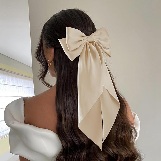 6Pcs Large Bows Hair Clips for Women Girls Long Tail Hair Ribbon Silky Satin Barrettes Coquette Bows Accessories (Black/khaki/Brown/White)
